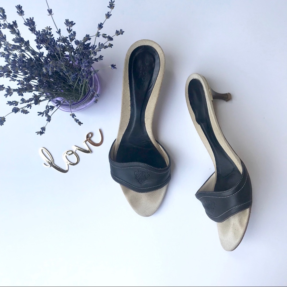 Gucci Crested Open Toe Kitten Heels